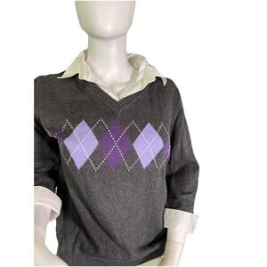 Karen Scott Petite PM Purple Combo Argyle V Neck Sweater